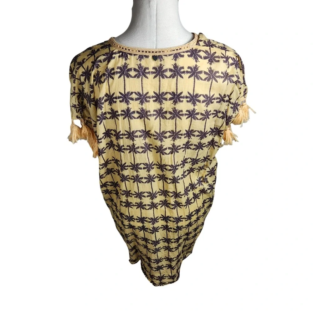 Z&L‎ Europe Cover Up Yellow Palm Tree Print Tassels Beach Pool Swim Vacation